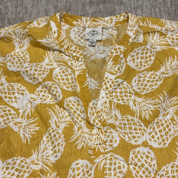 XL XXL pineapple Linen Top short cuffed sleeve pleated back flowy yellow white - Picture 2 of 5